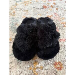 Coface Womens Black Faux Fur Cross Band Slippers Open Toe House Shoes US 7